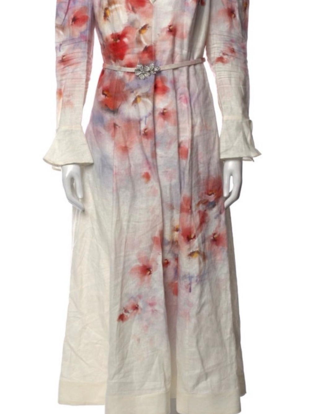 Zimmermann White Long Sleeve Maxi Dress with Pink and Red Floral Print Linen